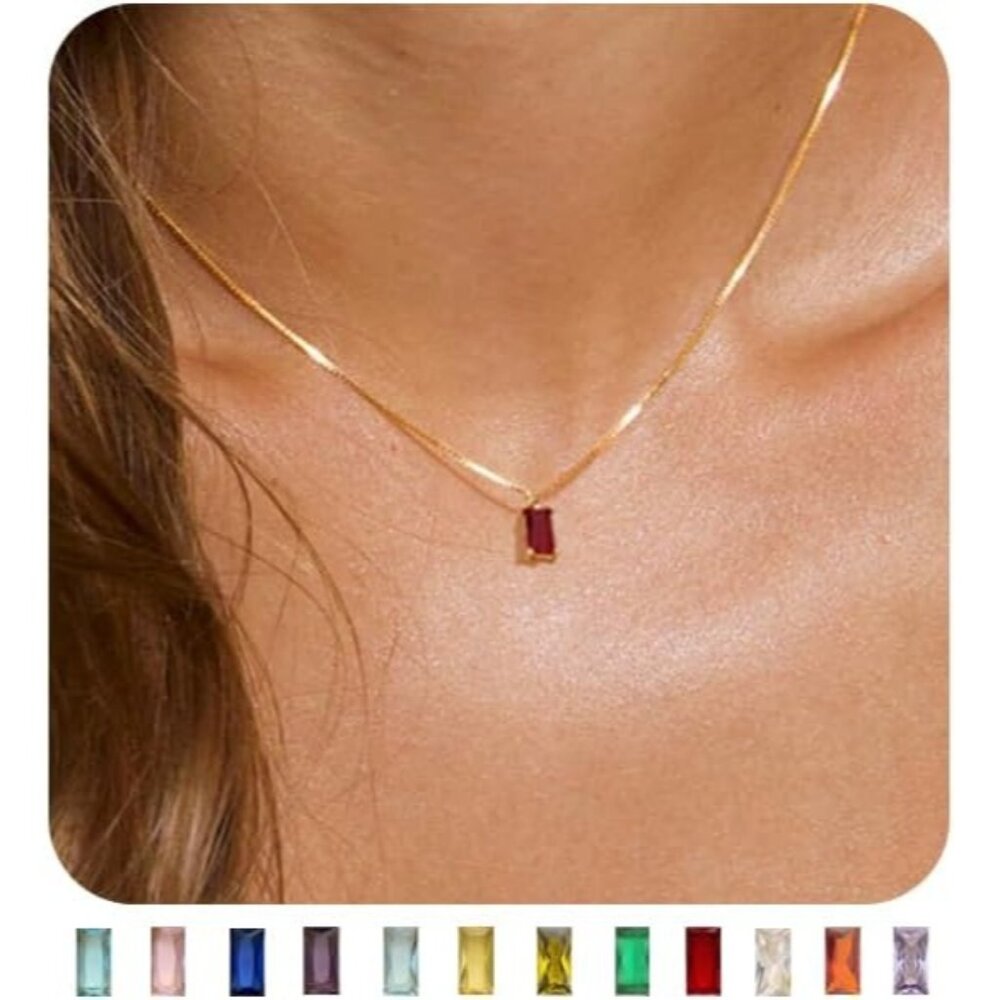 Women Emerald Birthstone Gold Necklace Blue Green Cubic Zirconia Pendant Gift